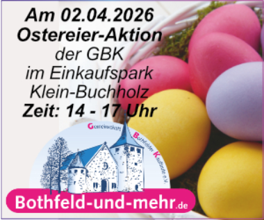am 02.04.26 osteraktion der GBK im Einkaufspark Klein-Buchholz von 1 - 17 Uhr.